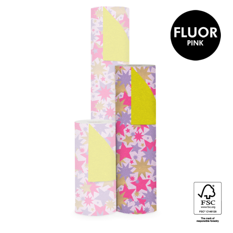 P15.138.050 Inpakpapier - Big Stars Gold Lilac/Fluor Pink - Yellow