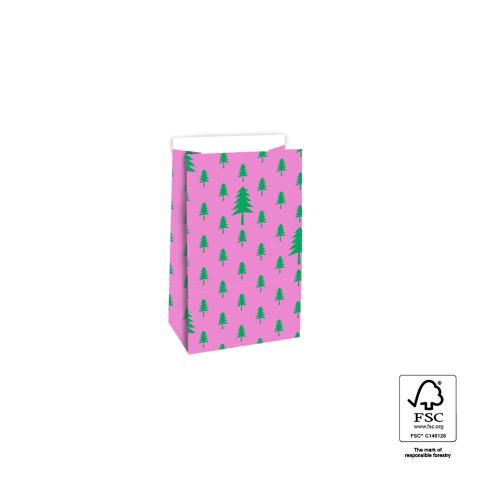 P39.704.012 X-mas Blokbodemzakken - Trees Pink/Green - 12 x 7 x 19 cm