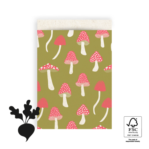 P43.216.017 Cadeauzakjes - Mushrooms Olive - 17 x 25 cm